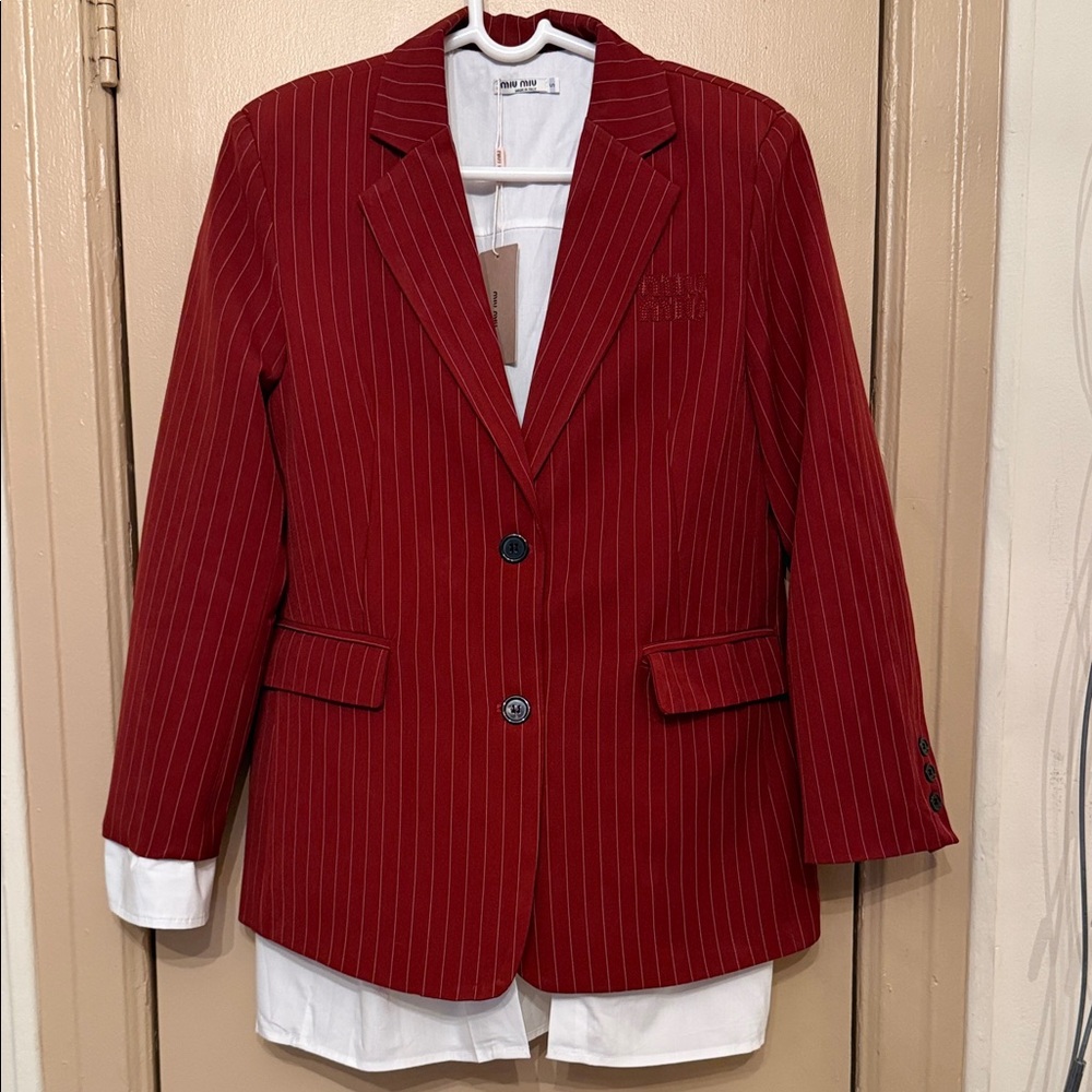 Inspired Miu  Burgundy Pinstriped Single-Breasted Blazer
